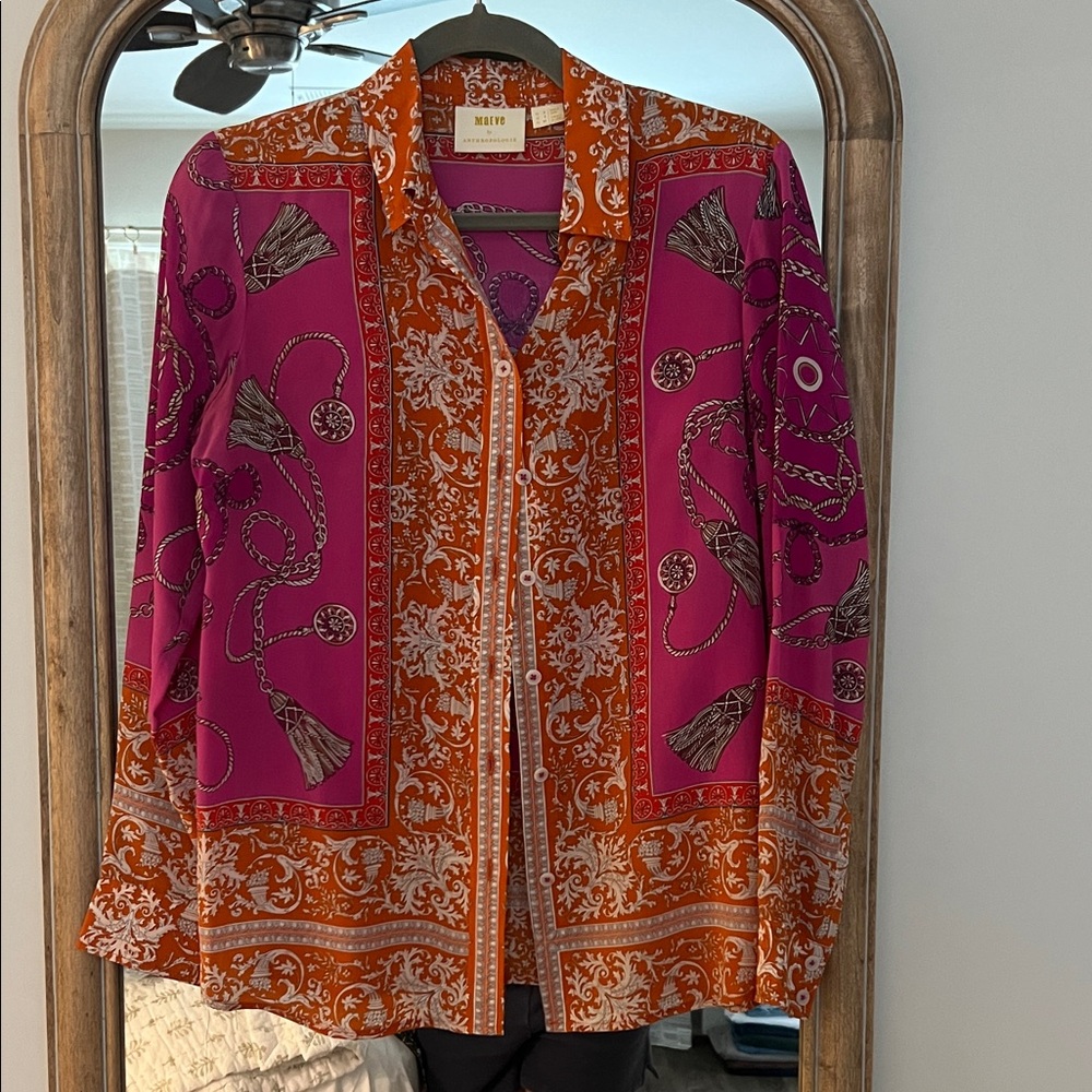 Anthropologie Vibrant Orange and Pink Patterned Blouse